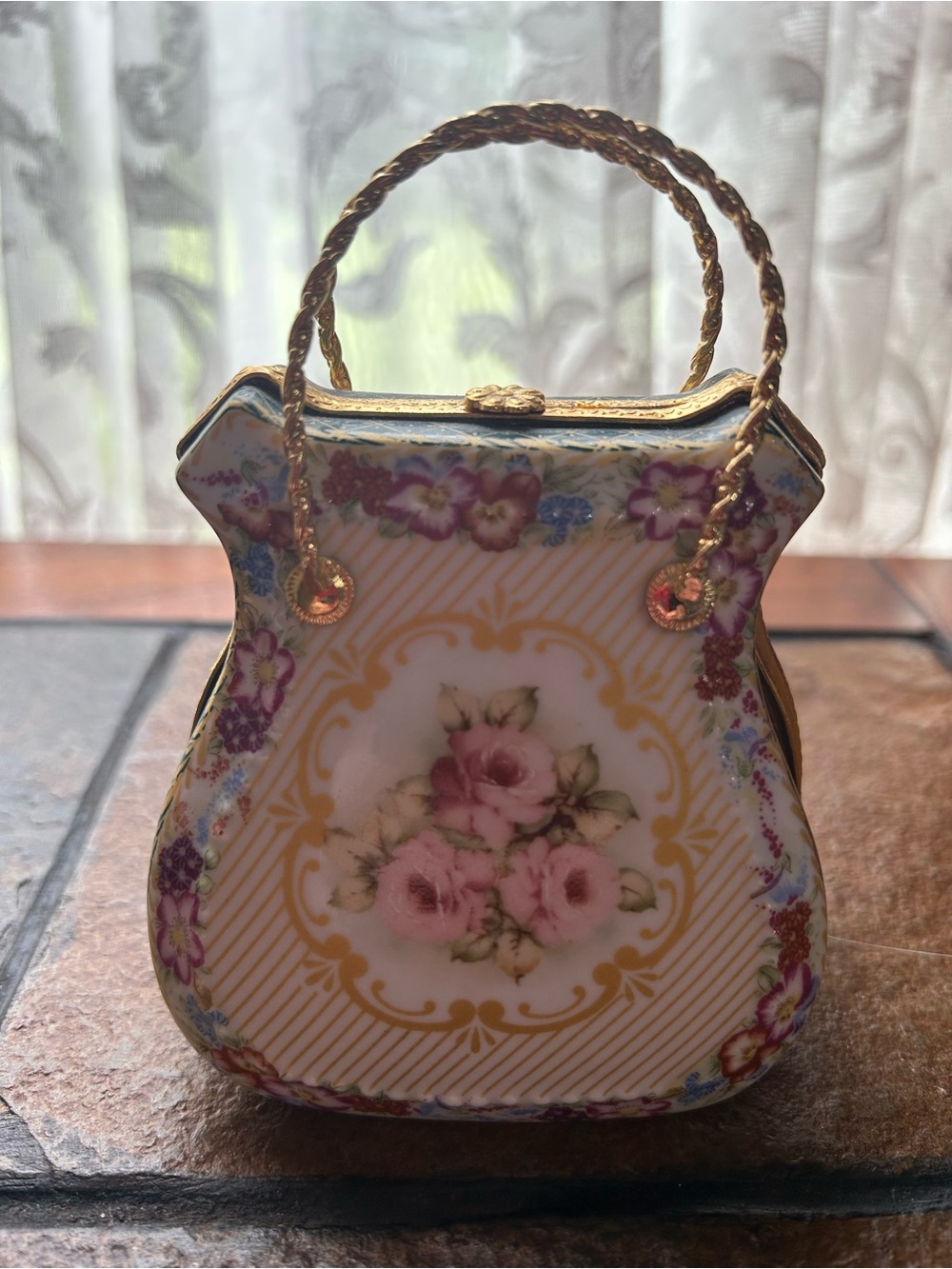 VTG Floral Porcelain Handbag Trinket Box – Pink and Gold Hinged 3”3 1980-1990